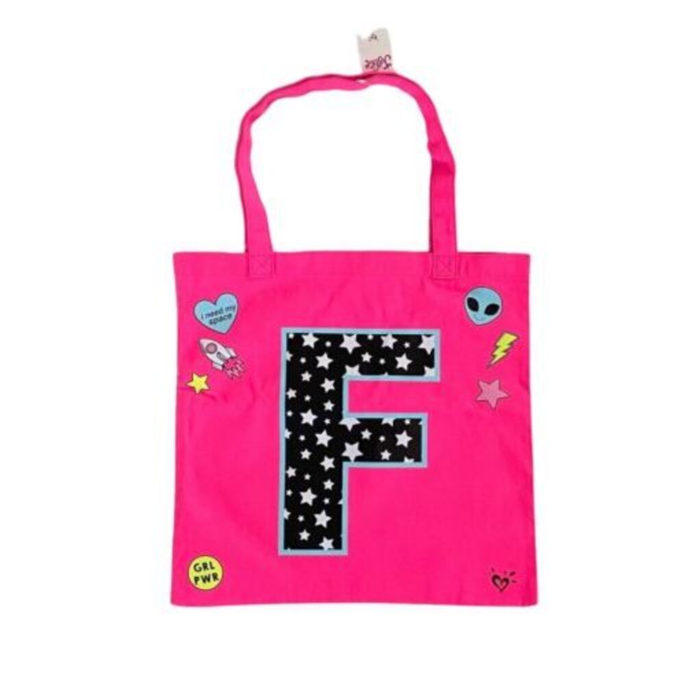 JUSTICE GIRL'S Initial " F " TOTE BAG Cotton Beach Space Logo Pink‎ Shoulder Bag